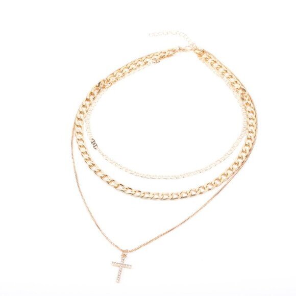 Gold Layered Chain Necklace Cross Pendant Choker Statement Fashion Faith Jewelry - Picture 6 of 6